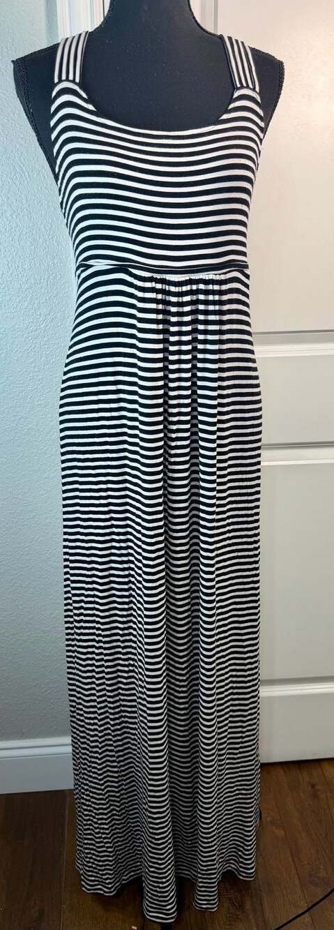 Calvin Klein Black and White Striped Criss Cross Back Maxi Dress